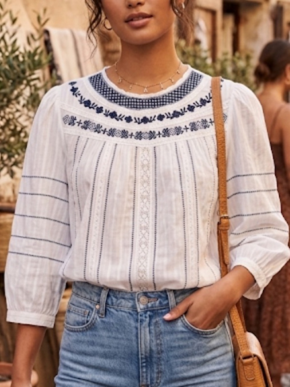 NWT $109 lucky Brand Embroidered puff sleeve lace trim Peasant Blouse  L